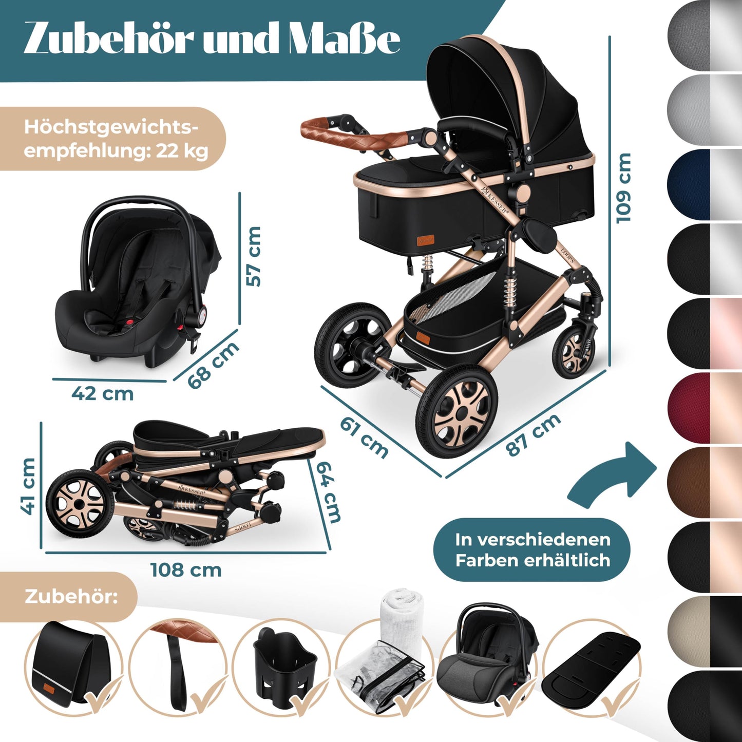 KESSER Loops 4-in-1 Kombikinderwagen Set – Babywanne, Buggy, Babyschale