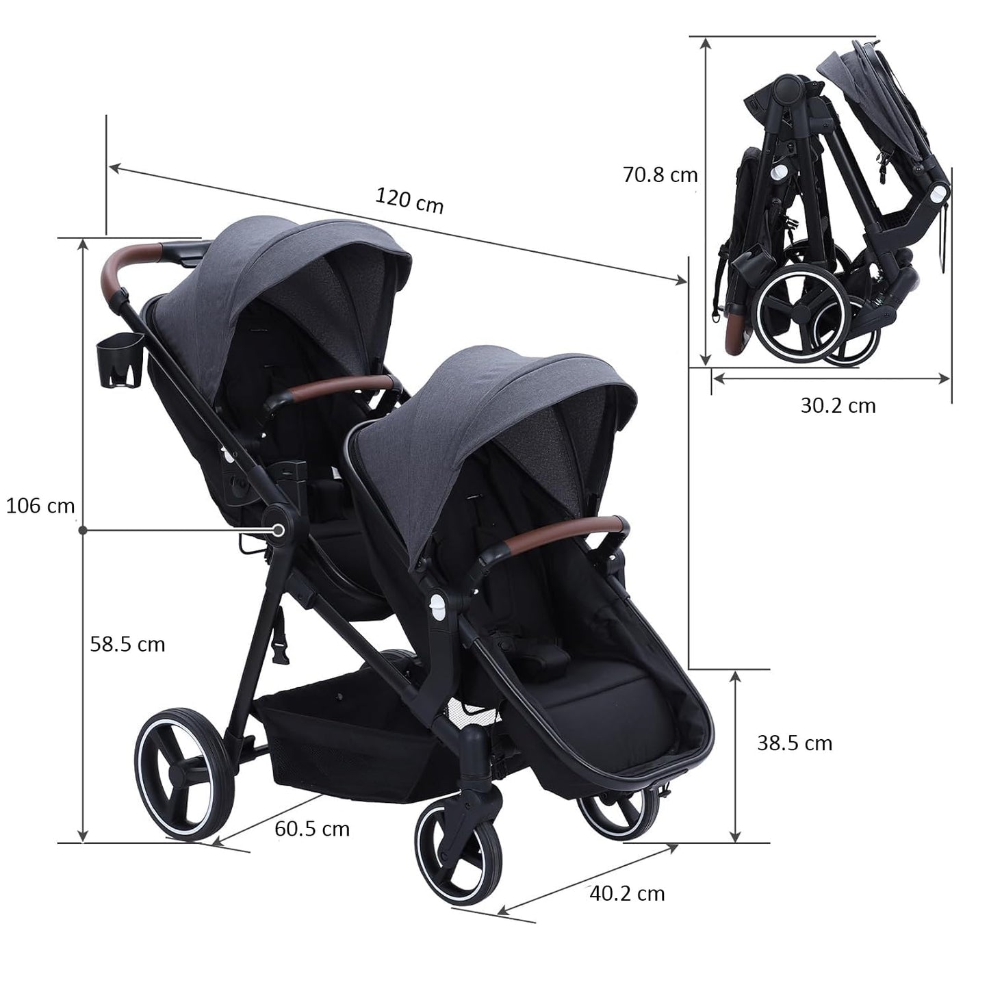 CherishCradle Geschwisterwagen Duo Zwillingsbuggy ab Geburt, Schwarz
