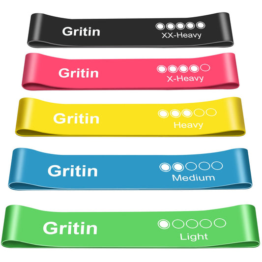 Gritin Fitnessbänder [5er Set] Widerstandsbänder mit 5 Stufen, 100% Latex Fitnessband Resistance mit Deutscher Übungsanleitung & Tragebeutel, Gymnastikband für Muskelaufbau, Yoga, Pilates