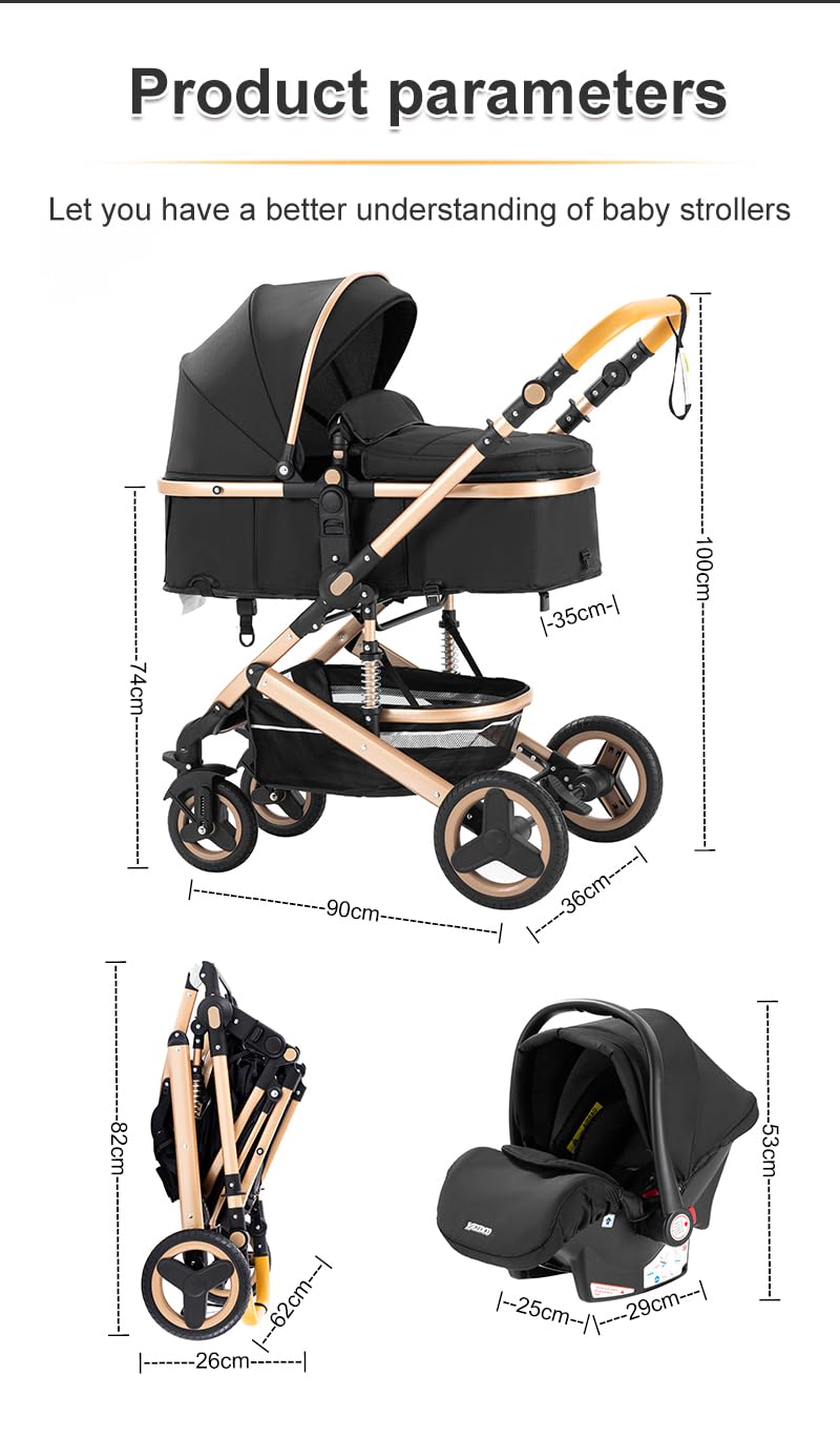 YAZOCO Kinderwagen 3 in 1 Komplettset, Aluminiumrahmen, Schwarz
