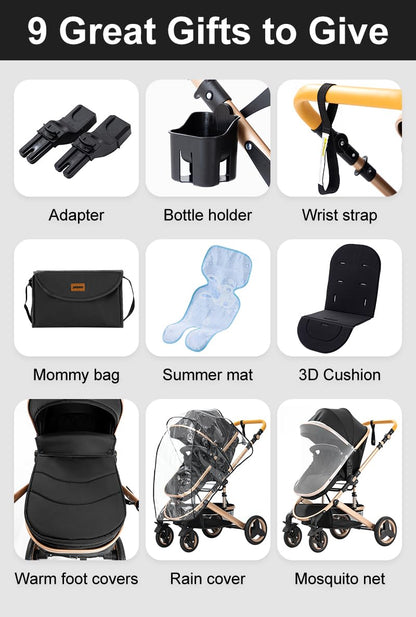 YAZOCO Kinderwagen 3 in 1 Komplettset, Aluminiumrahmen, Schwarz