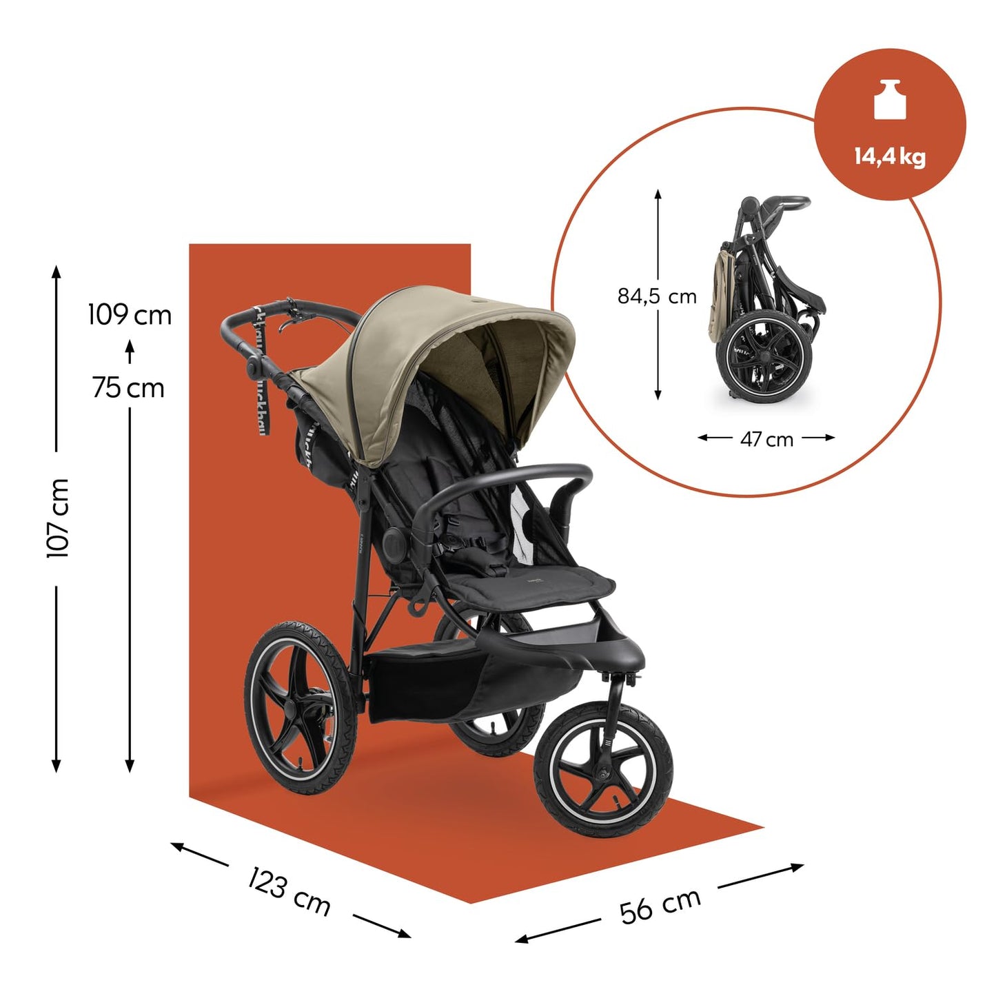 hauck Runner 3 Olive – Dreirad-Kinderwagen mit XL Lufträdern