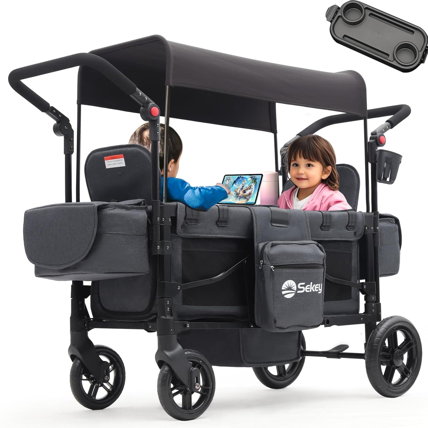 Sekey Bollerwagen Zwillingskinderwagen faltbar mit Dach, Schwarz