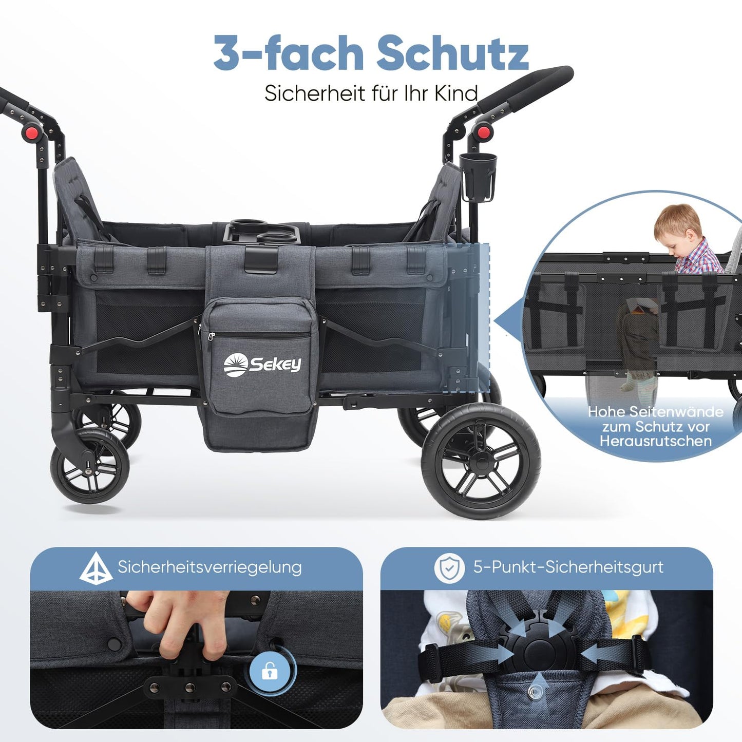 Sekey Bollerwagen Zwillingskinderwagen faltbar mit Dach, Schwarz
