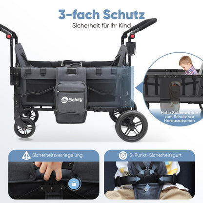 Sekey Bollerwagen Zwillingskinderwagen faltbar mit Dach, Schwarz