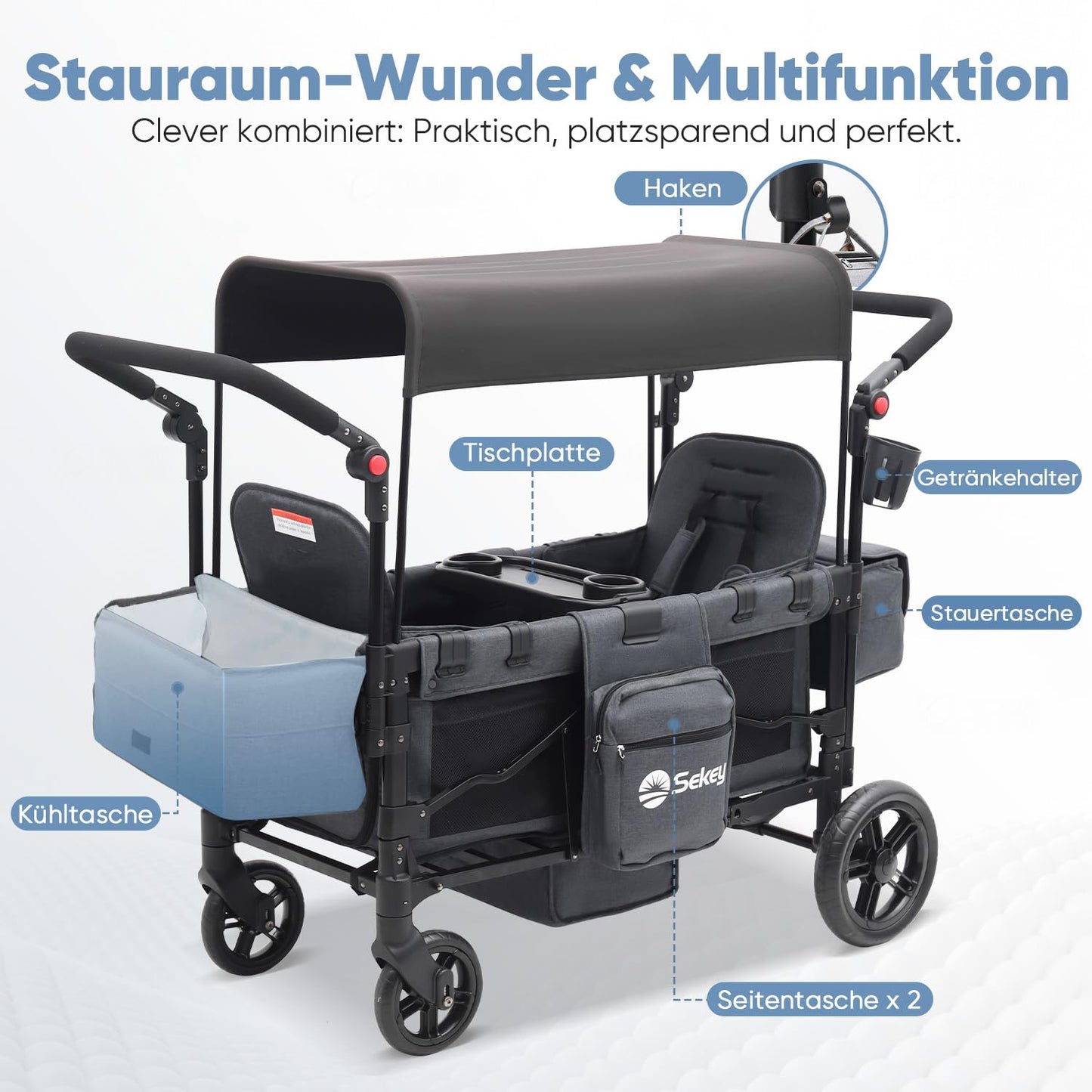 Sekey Bollerwagen Zwillingskinderwagen faltbar mit Dach, Schwarz