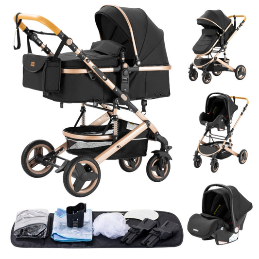 YAZOCO Kinderwagen 3 in 1 Komplettset, Aluminiumrahmen, Schwarz