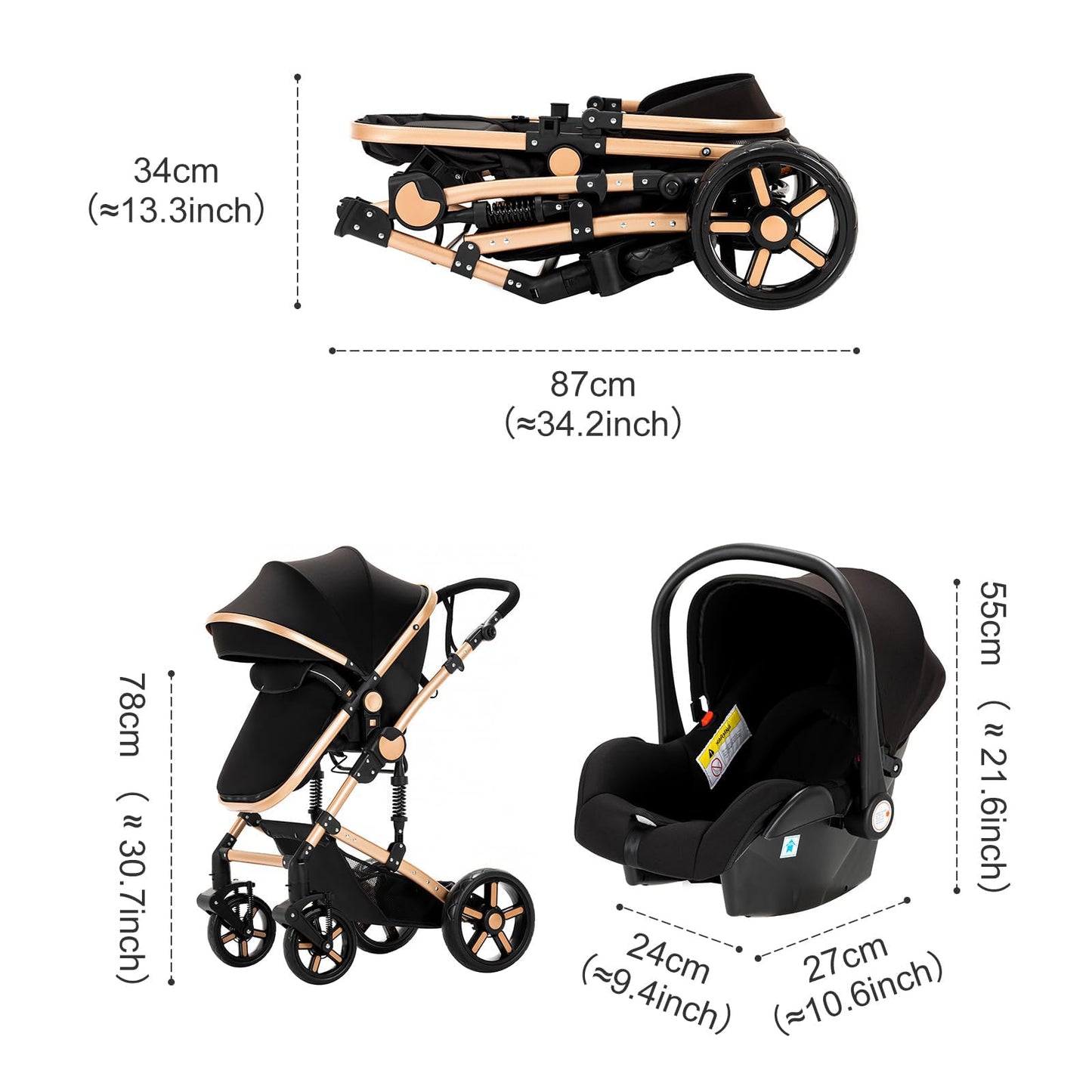 Reenborn Kinderwagen 3 in 1, Aluminiumrahmen, 588 Black