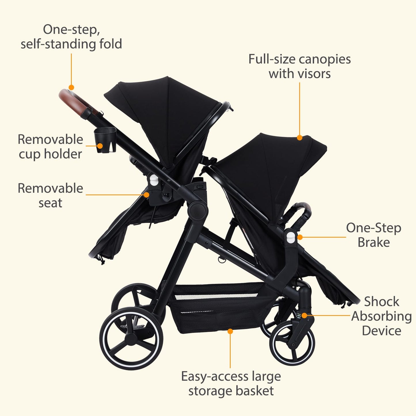 CherishCradle Geschwisterwagen Duo Zwillingsbuggy ab Geburt, Schwarz