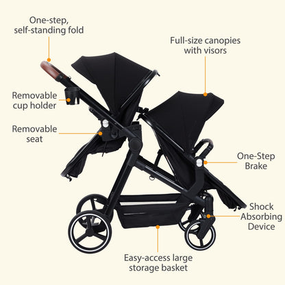 CherishCradle Geschwisterwagen Duo Zwillingsbuggy ab Geburt, Schwarz