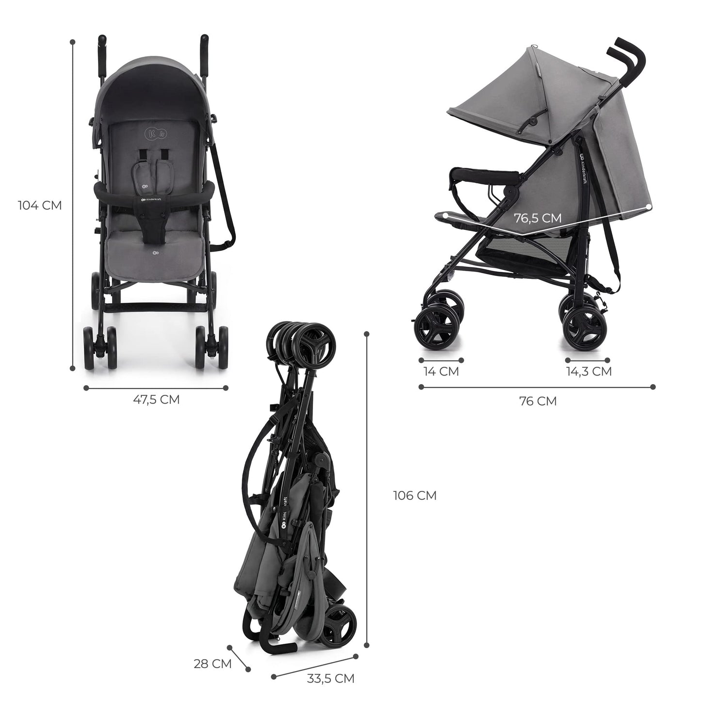 Kinderkraft TIK Sportwagen Grau – leicht 6,5 kg, bis 17 kg, faltbar