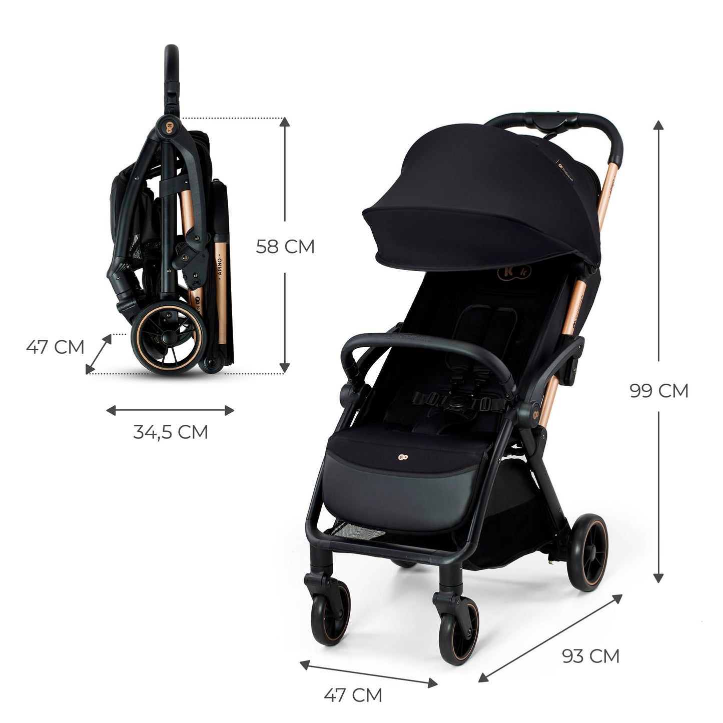 Kinderkraft APINO Liegebuggy Schwarz – 7,5 kg, bis 22 kg, Reisen