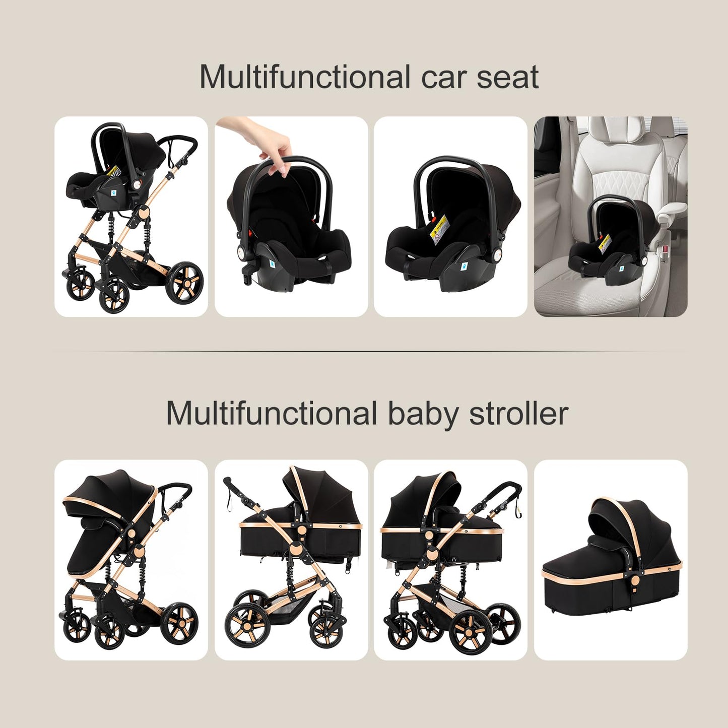 Reenborn Kinderwagen 3 in 1, Aluminiumrahmen, 588 Black