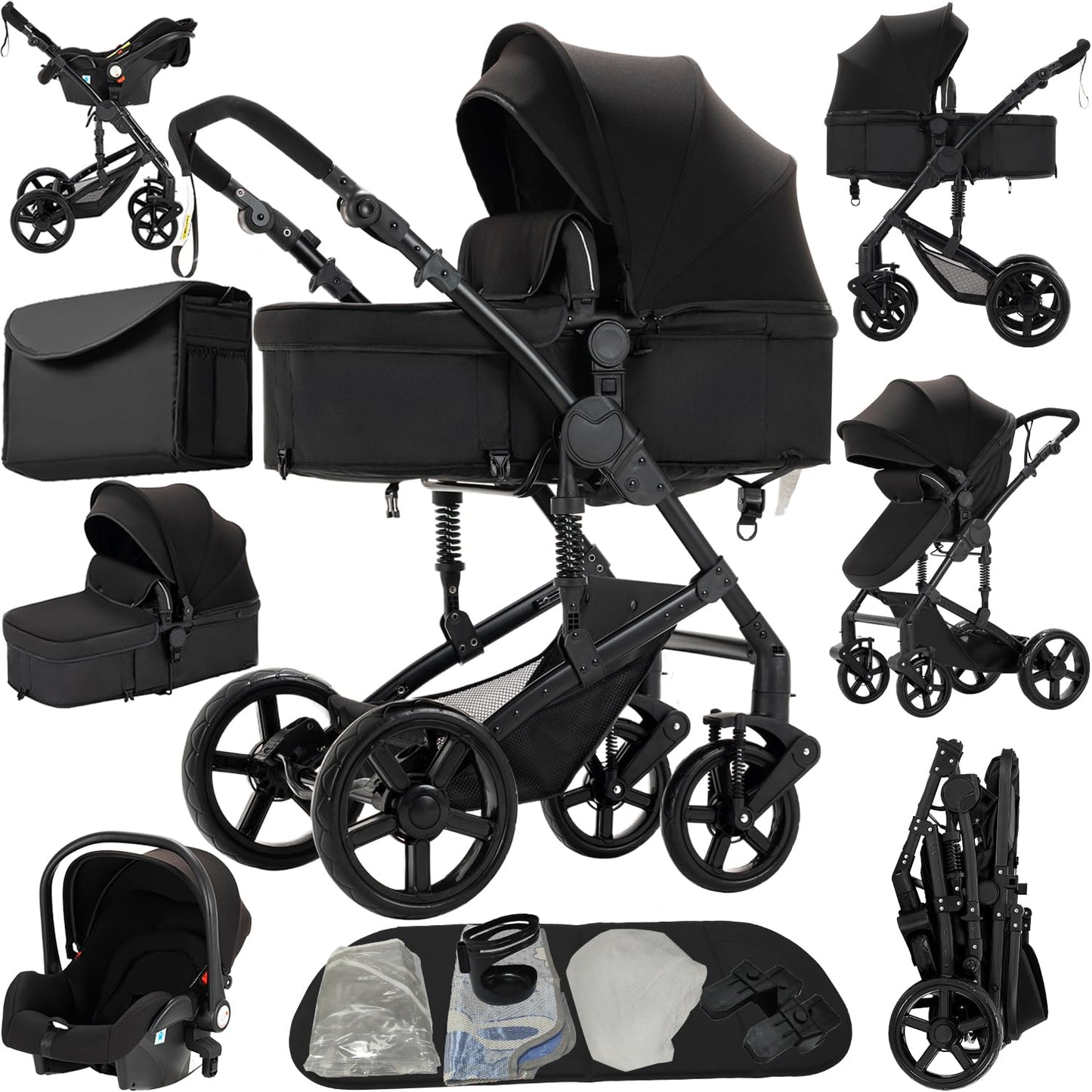 Reenborn Kinderwagen 3 in 1, Aluminiumrahmen, 588 Black