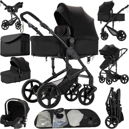 Reenborn Kinderwagen 3 in 1, Aluminiumrahmen, 588 Black