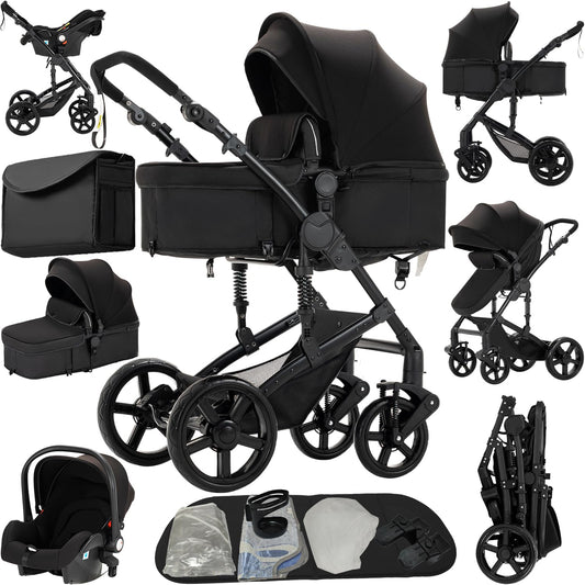Reenborn Kinderwagen 3 in 1, Aluminiumrahmen, 588 Black