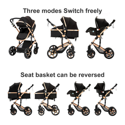 Reenborn Kinderwagen 3 in 1, Aluminiumrahmen, 588 Black