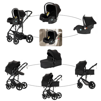 Reenborn Kinderwagen 3 in 1, Aluminiumrahmen, 588 Black