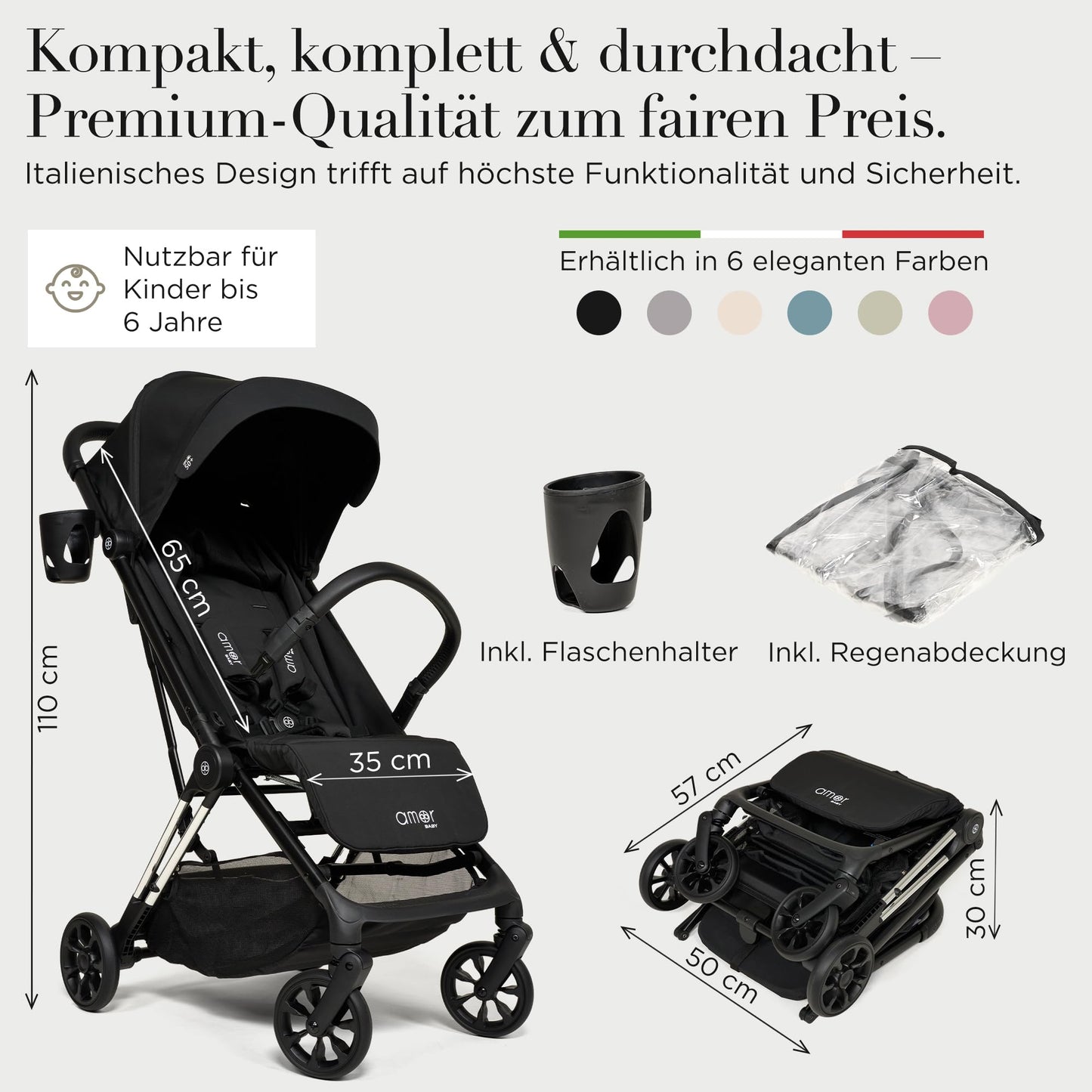 Amor Baby Reisebuggy, Einhand-Faltsystem, kompakt & leicht