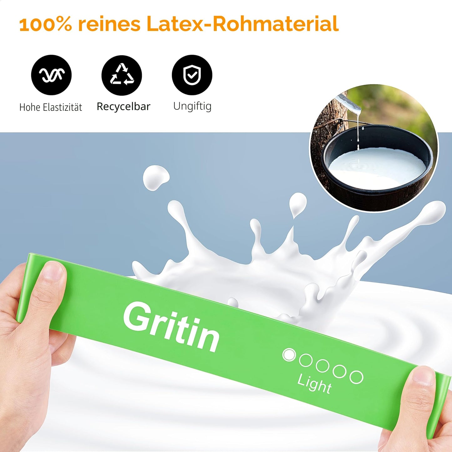 Gritin Fitnessbänder [5er Set] Widerstandsbänder mit 5 Stufen, 100% Latex Fitnessband Resistance mit Deutscher Übungsanleitung & Tragebeutel, Gymnastikband für Muskelaufbau, Yoga, Pilates