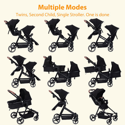 CherishCradle Geschwisterwagen Duo Zwillingsbuggy ab Geburt, Schwarz