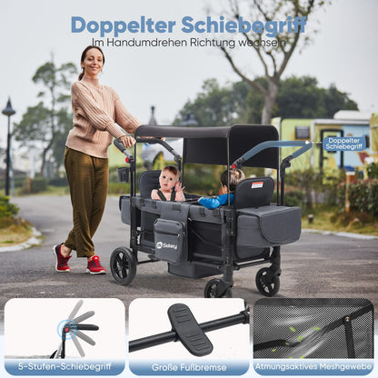 Sekey Bollerwagen Zwillingskinderwagen faltbar mit Dach, Schwarz