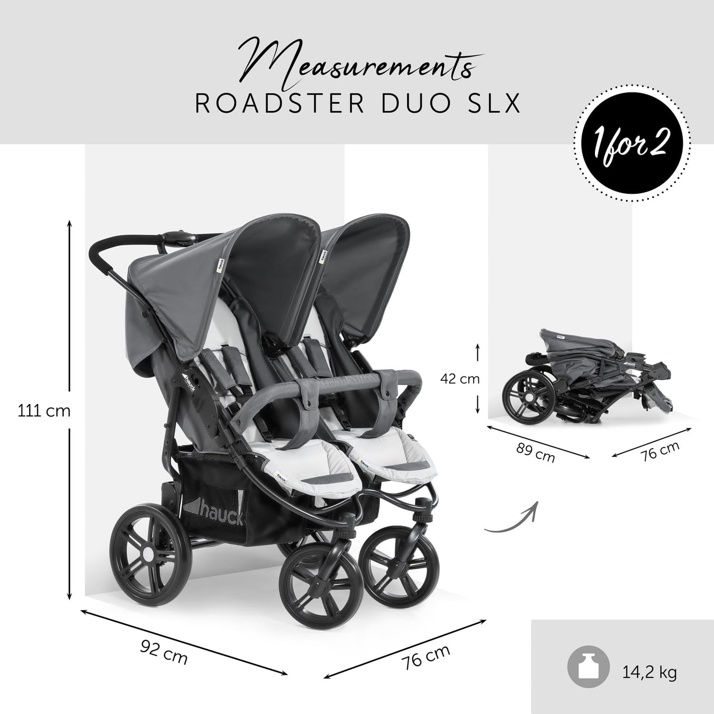hauck Roadster Duo SLX Zwillingsbuggy ab Geburt, XL Korb – Grau