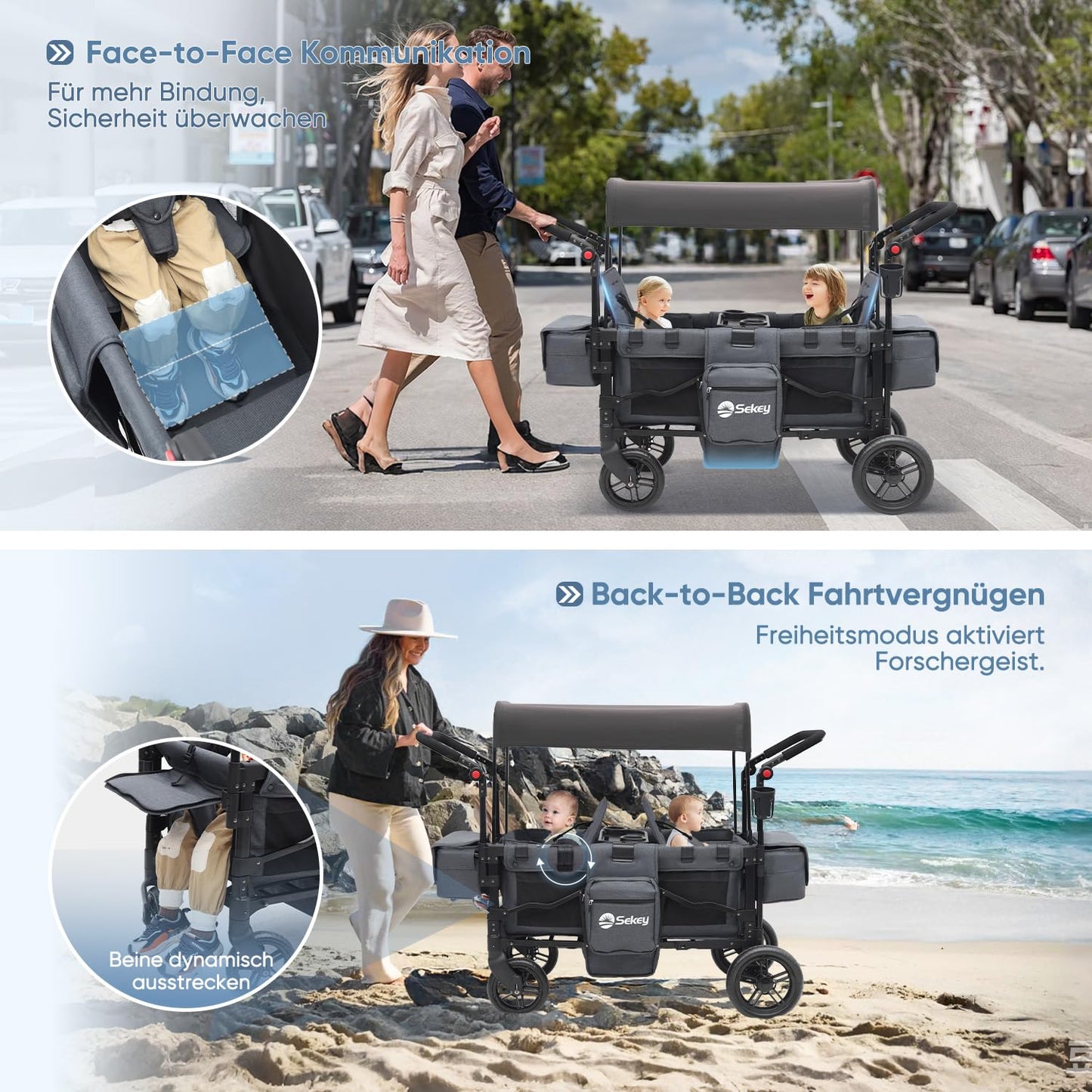 Sekey Bollerwagen Zwillingskinderwagen faltbar mit Dach, Schwarz