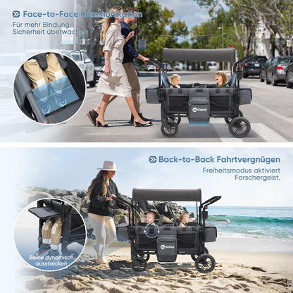 Sekey Bollerwagen Zwillingskinderwagen faltbar mit Dach, Schwarz