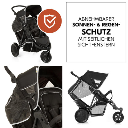 hauck Freerider 3-Rad Geschwisterbuggy mit Regenschutz – Schwarz