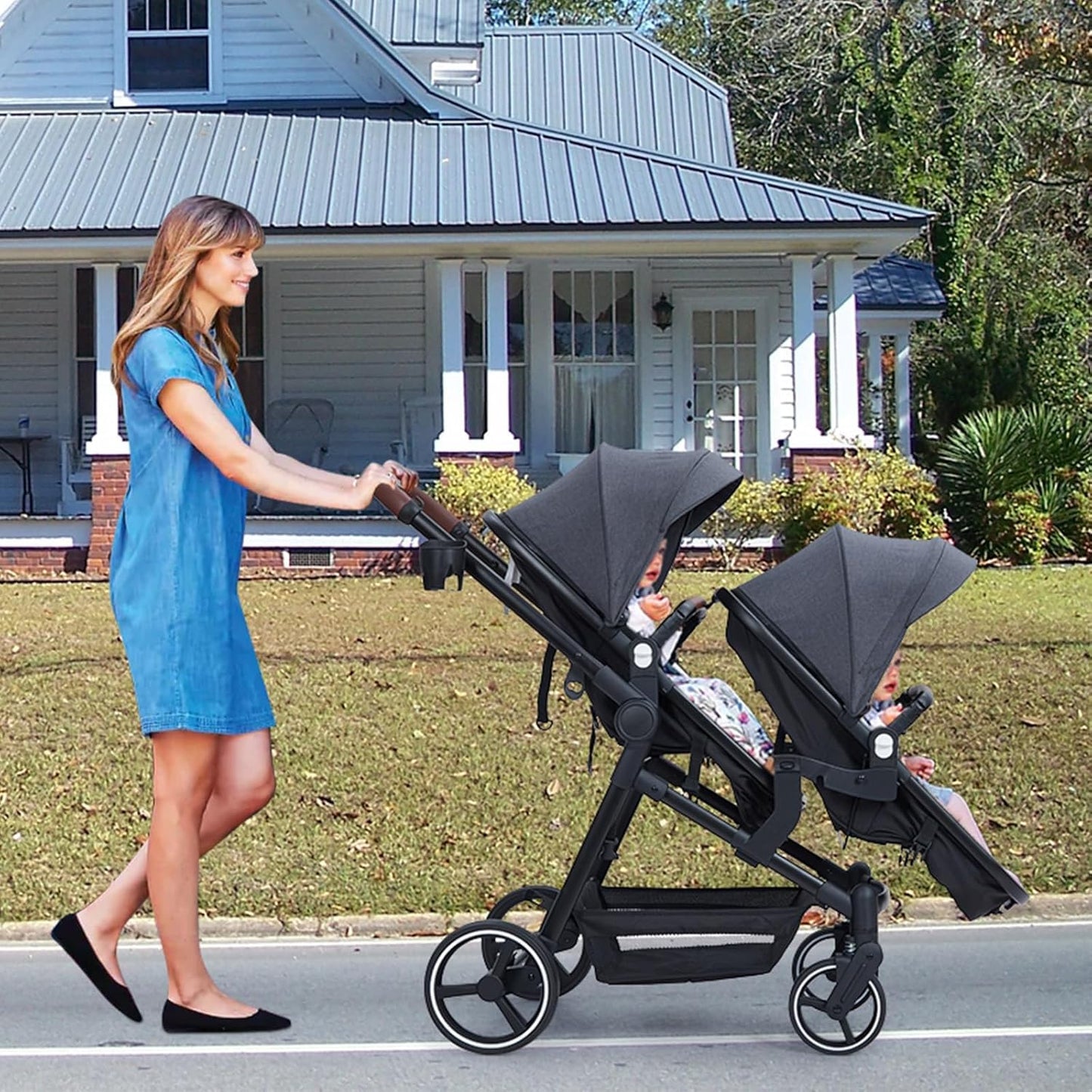 CherishCradle Geschwisterwagen Duo Zwillingsbuggy ab Geburt, Schwarz