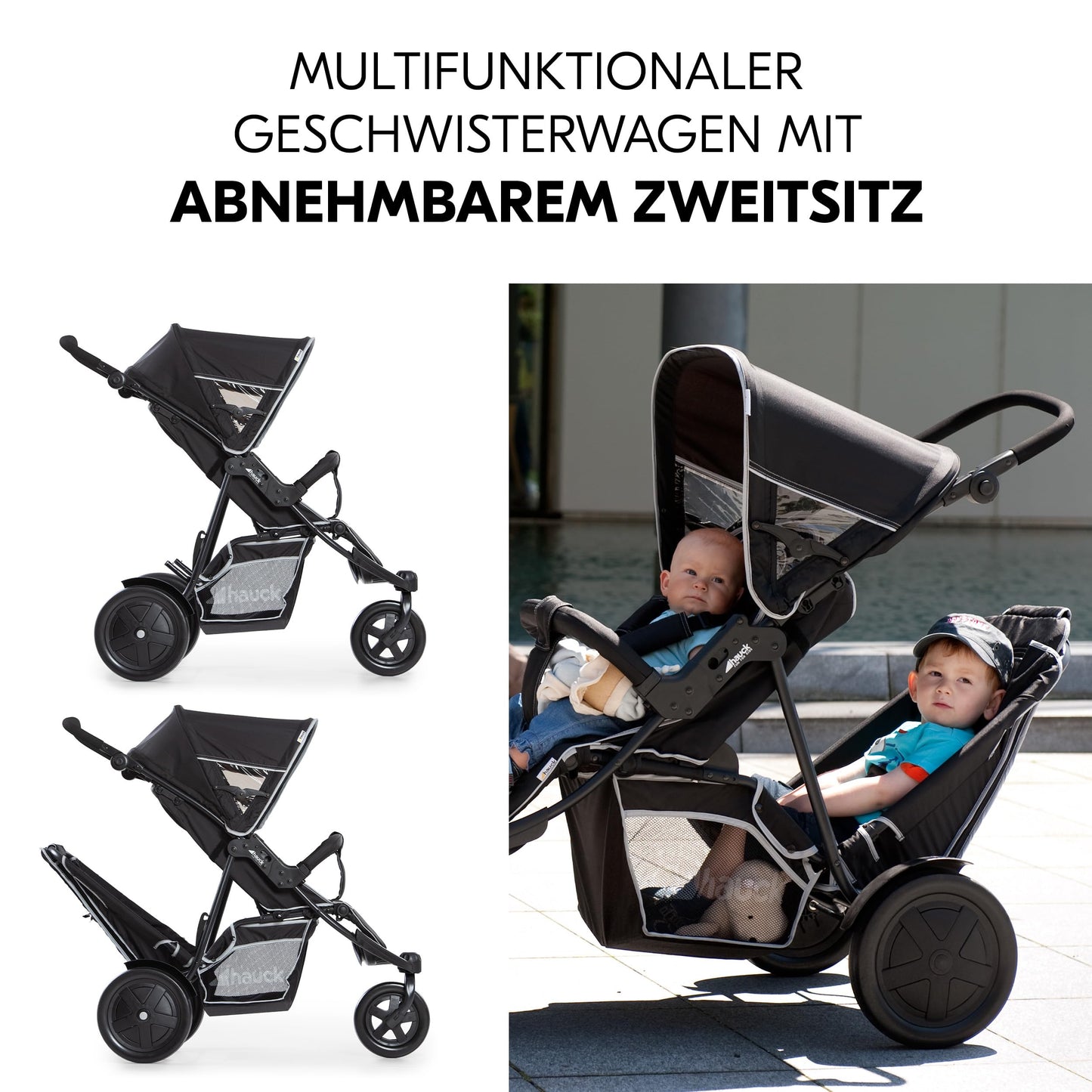 hauck Freerider 3-Rad Geschwisterbuggy mit Regenschutz – Schwarz