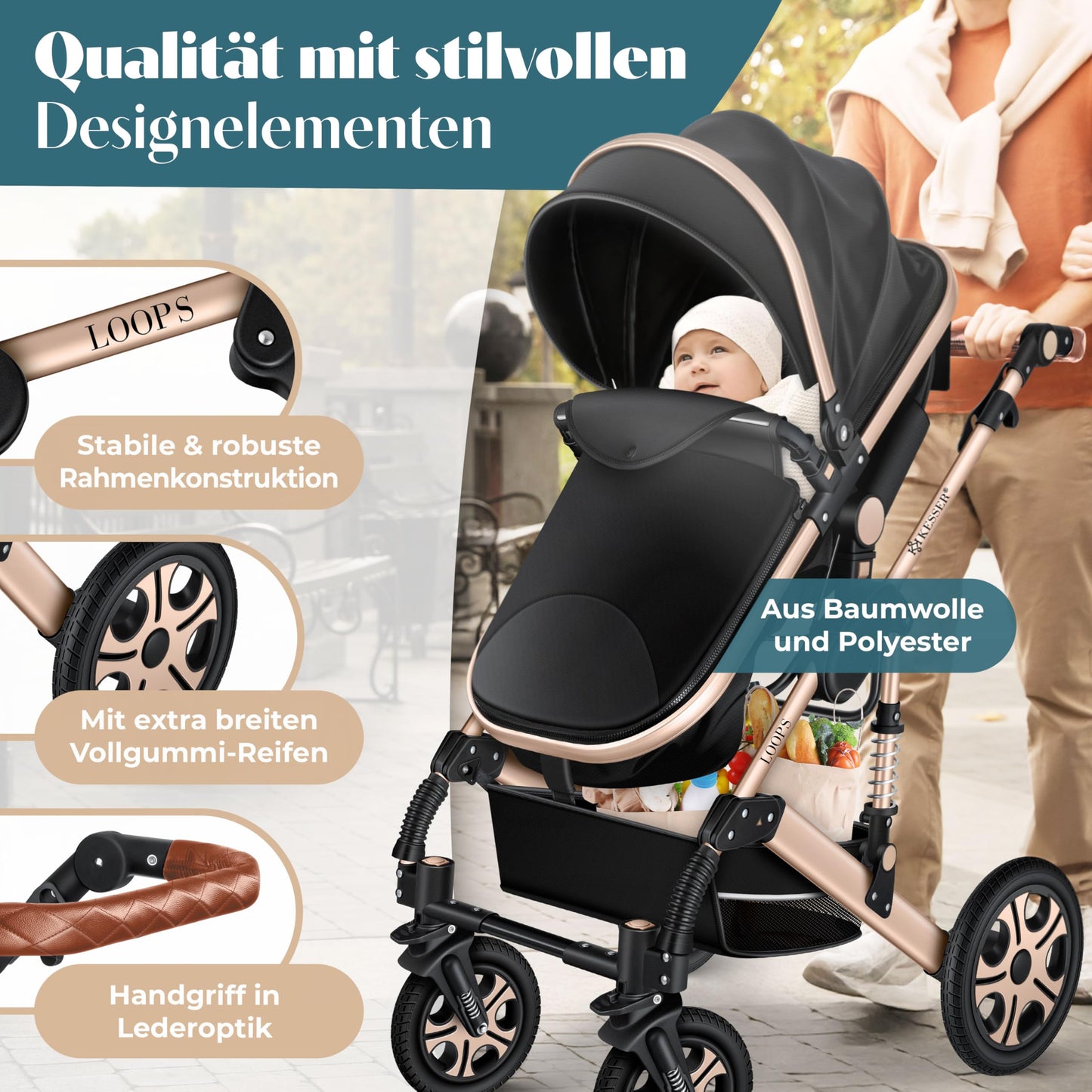 KESSER Loops 4-in-1 Kombikinderwagen Set – Babywanne, Buggy, Babyschale