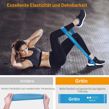 Gritin Fitnessbänder [5er Set] Widerstandsbänder mit 5 Stufen, 100% Latex Fitnessband Resistance mit Deutscher Übungsanleitung & Tragebeutel, Gymnastikband für Muskelaufbau, Yoga, Pilates