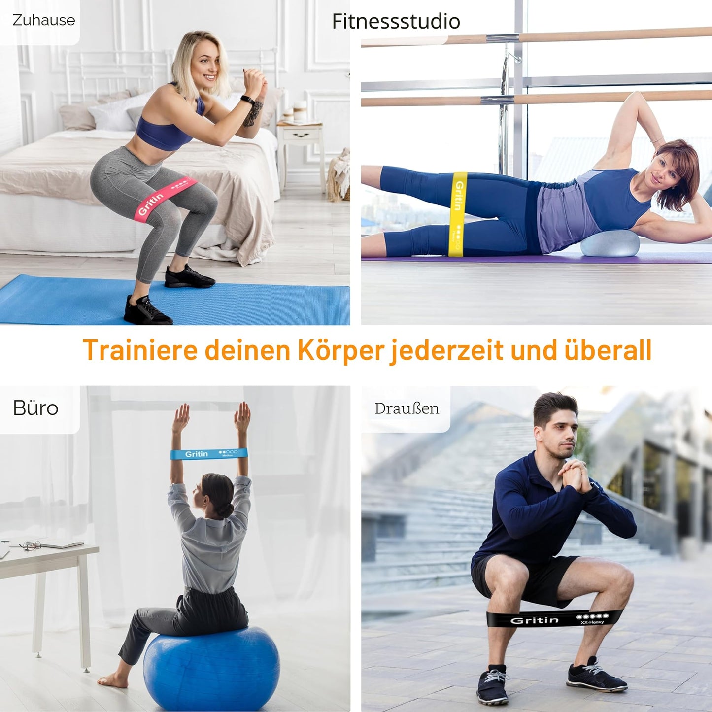 Gritin Fitnessbänder [5er Set] Widerstandsbänder mit 5 Stufen, 100% Latex Fitnessband Resistance mit Deutscher Übungsanleitung & Tragebeutel, Gymnastikband für Muskelaufbau, Yoga, Pilates