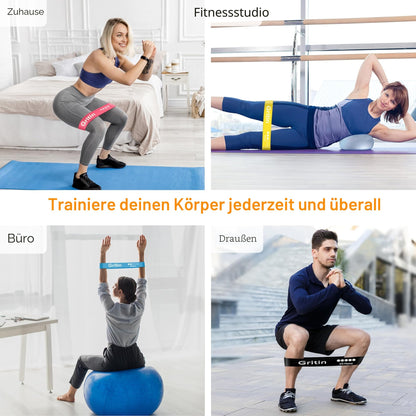 Gritin Fitnessbänder [5er Set] Widerstandsbänder mit 5 Stufen, 100% Latex Fitnessband Resistance mit Deutscher Übungsanleitung & Tragebeutel, Gymnastikband für Muskelaufbau, Yoga, Pilates